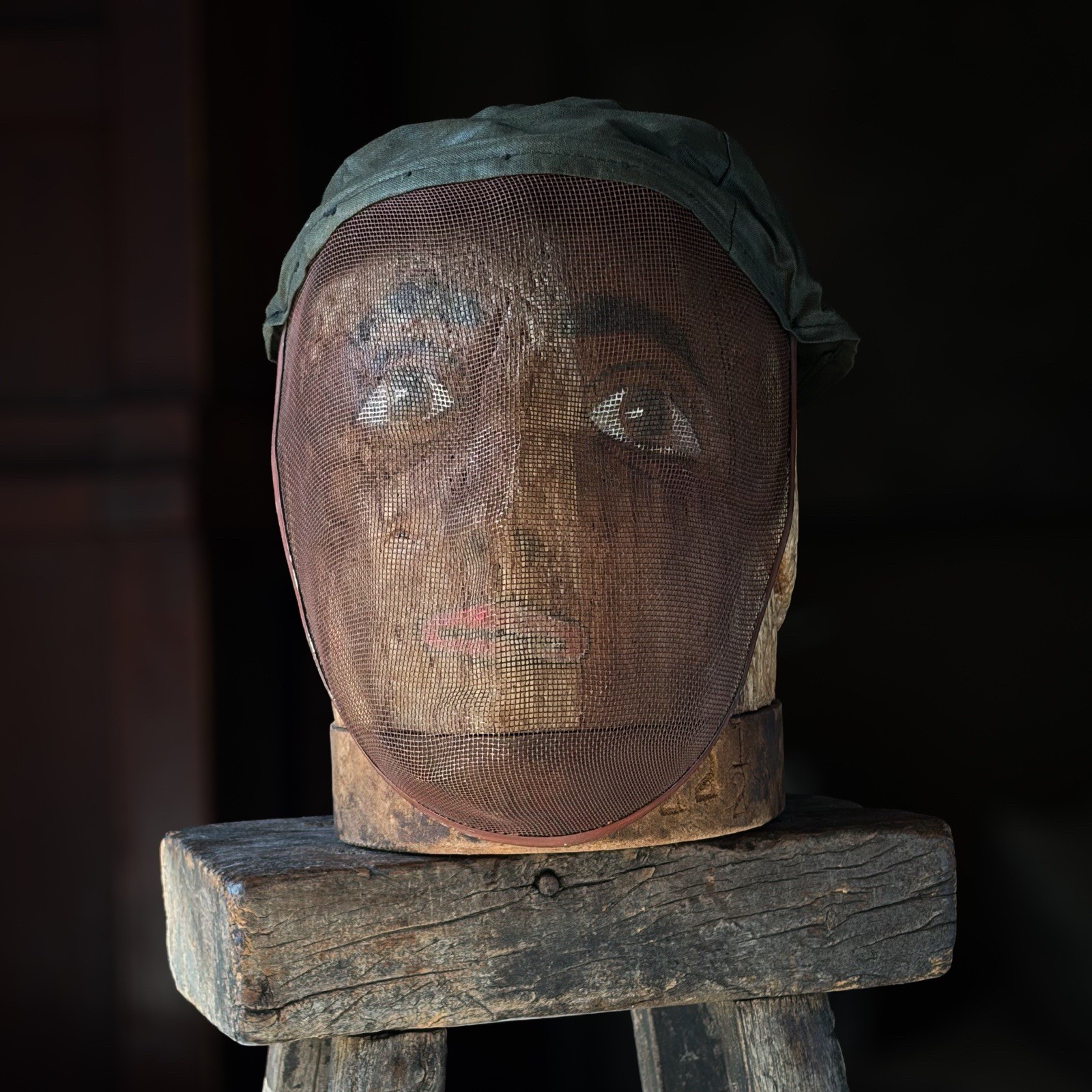 Antique Odd Fellows Ceremonial Mesh Wire Mask c.1900 With Head Cap Hand Painted