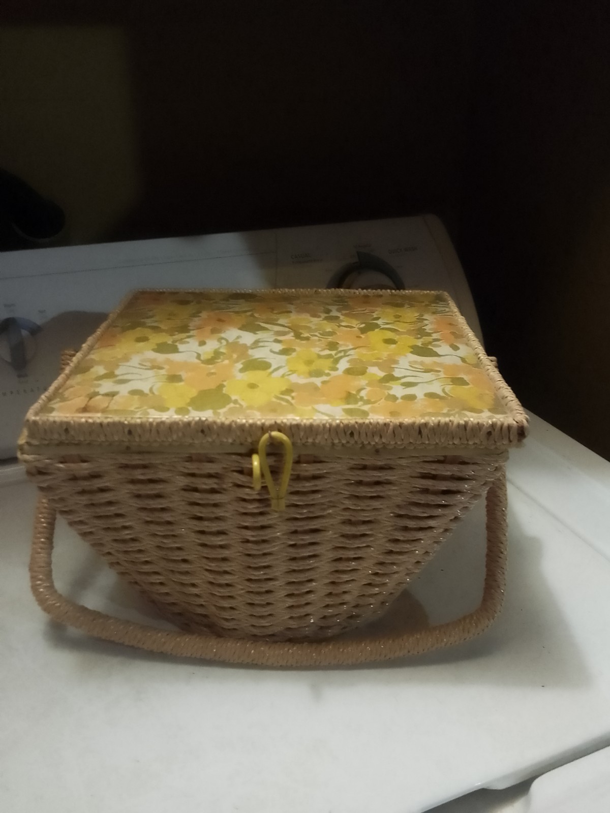 Vintage Dritz Wicker Sewing Basket With Yellow Floral Fabric Interior And...