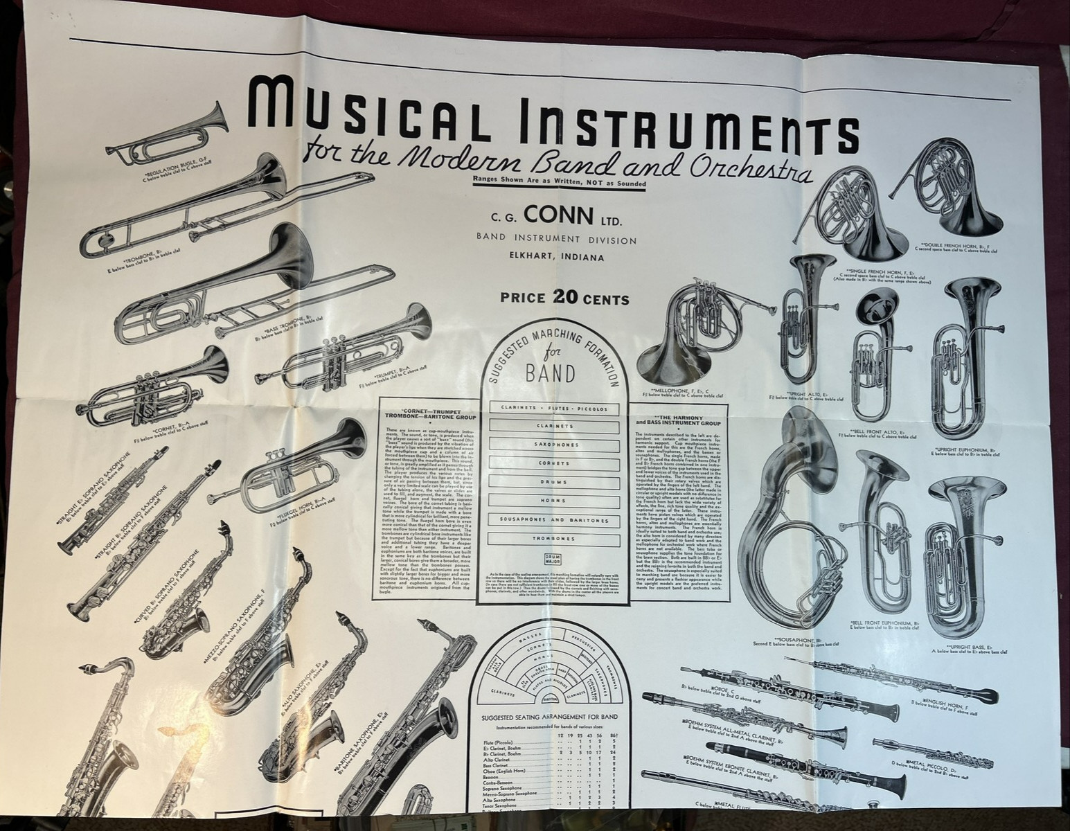 Vtg. 1955 C. G. CONN Elkhart IN Musical Instruments Poster Modern Band Orchestra Vtg. 1955 C. G. CONN Elkhart IN Musical Instruments Poster Modern Band Orchestra