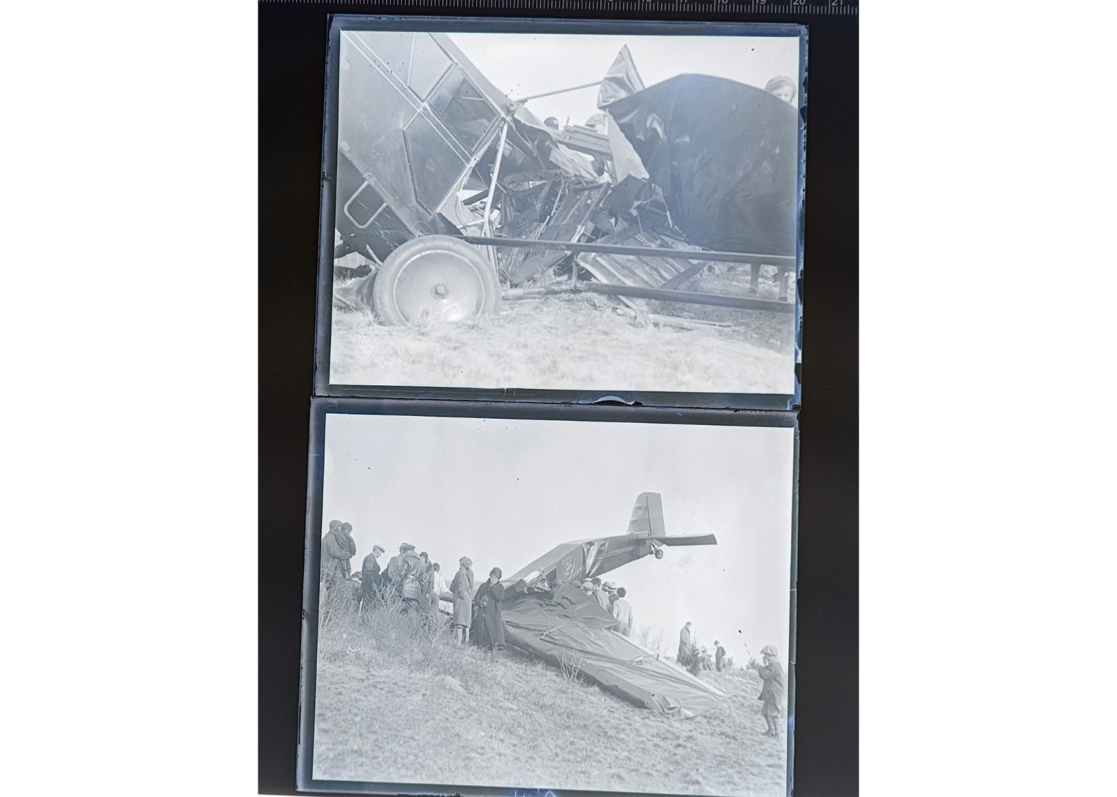 1930s Airplane Crash Wreckage Hillside & Cockpit Crowd Glass Negatives (2) OOAK
