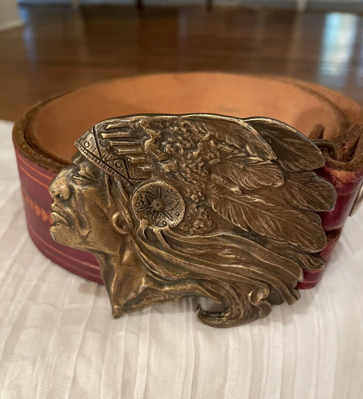 Bergamot Brass Works Indian Chief Bust Buckle with Leather Belt 44 Men’s