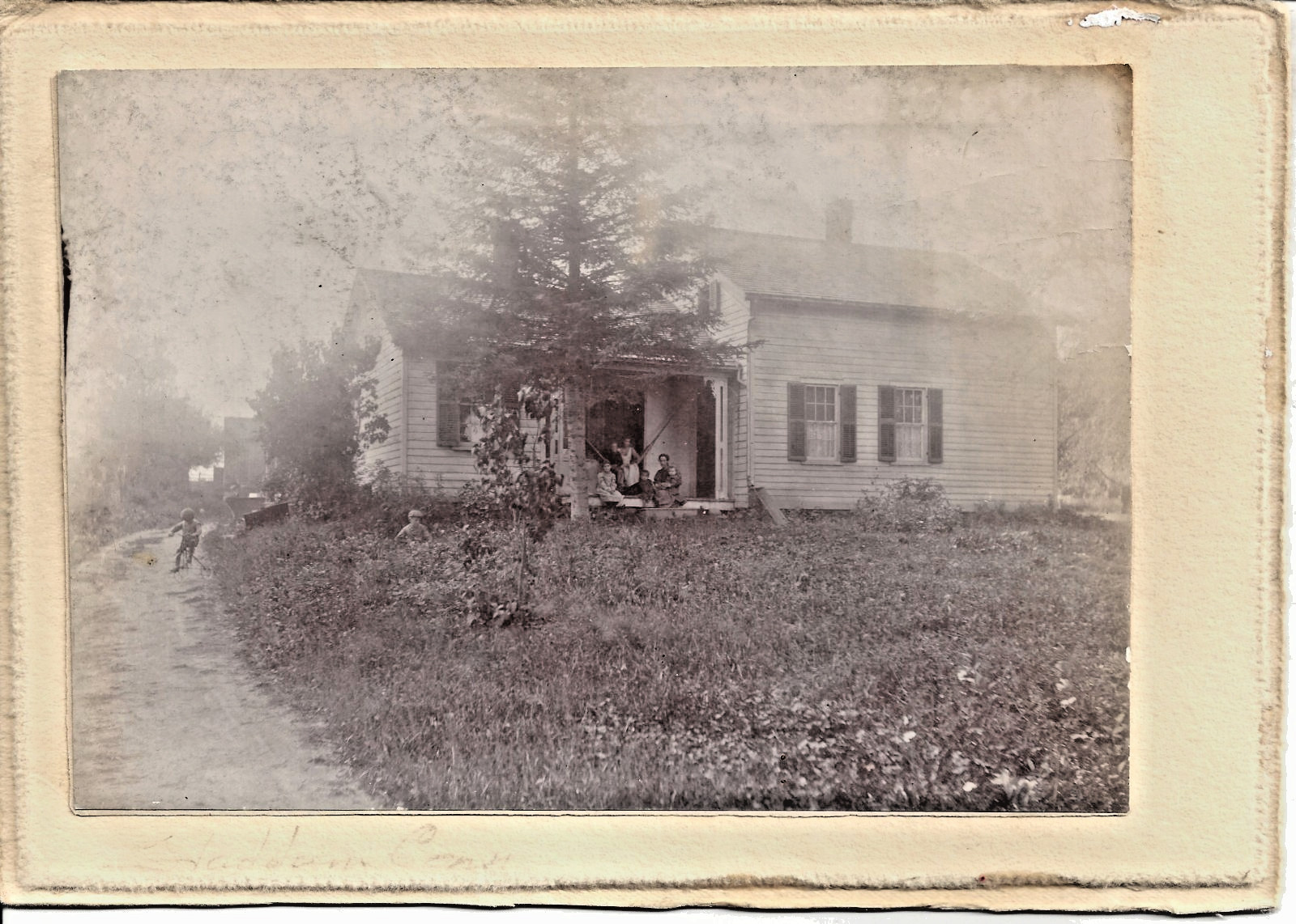 VINTAGE PHOTO-Early Family Outside of House Enjoy Weather Sepia Cabinet Photo