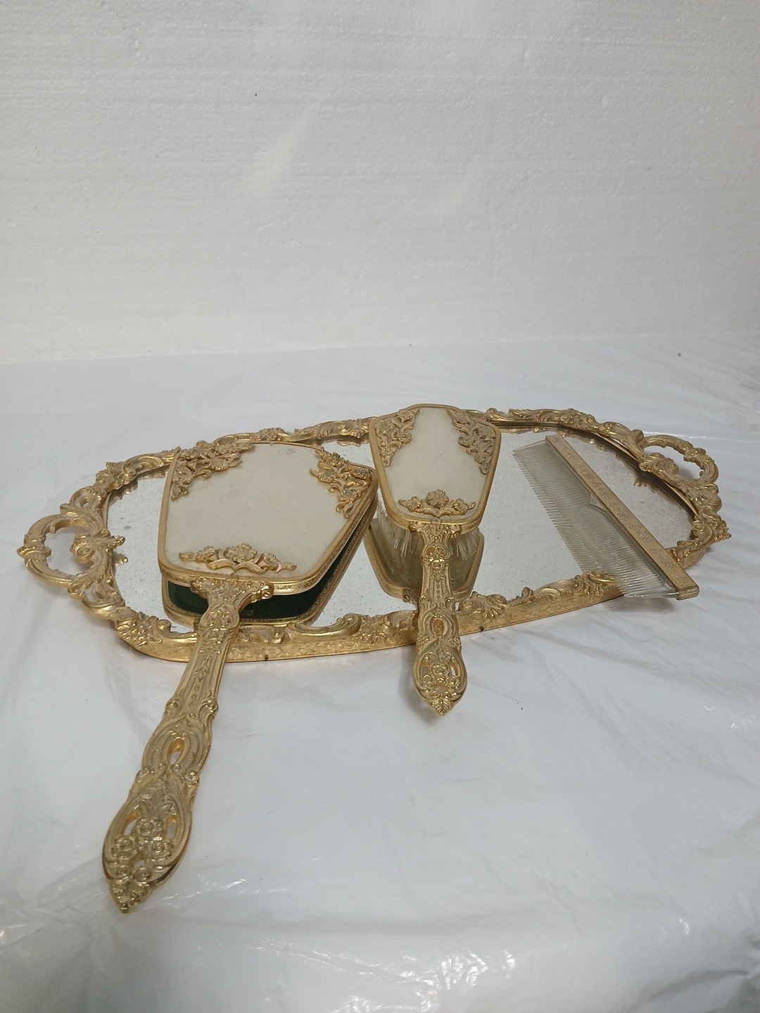 Vintage Italian Gold Dresser set /Mirror Tray/ 24kt Plated/brush/hand mirror Vintage Italian Gold Dresser set /Mirror Tray/ 24kt Plated/brush/hand mirror