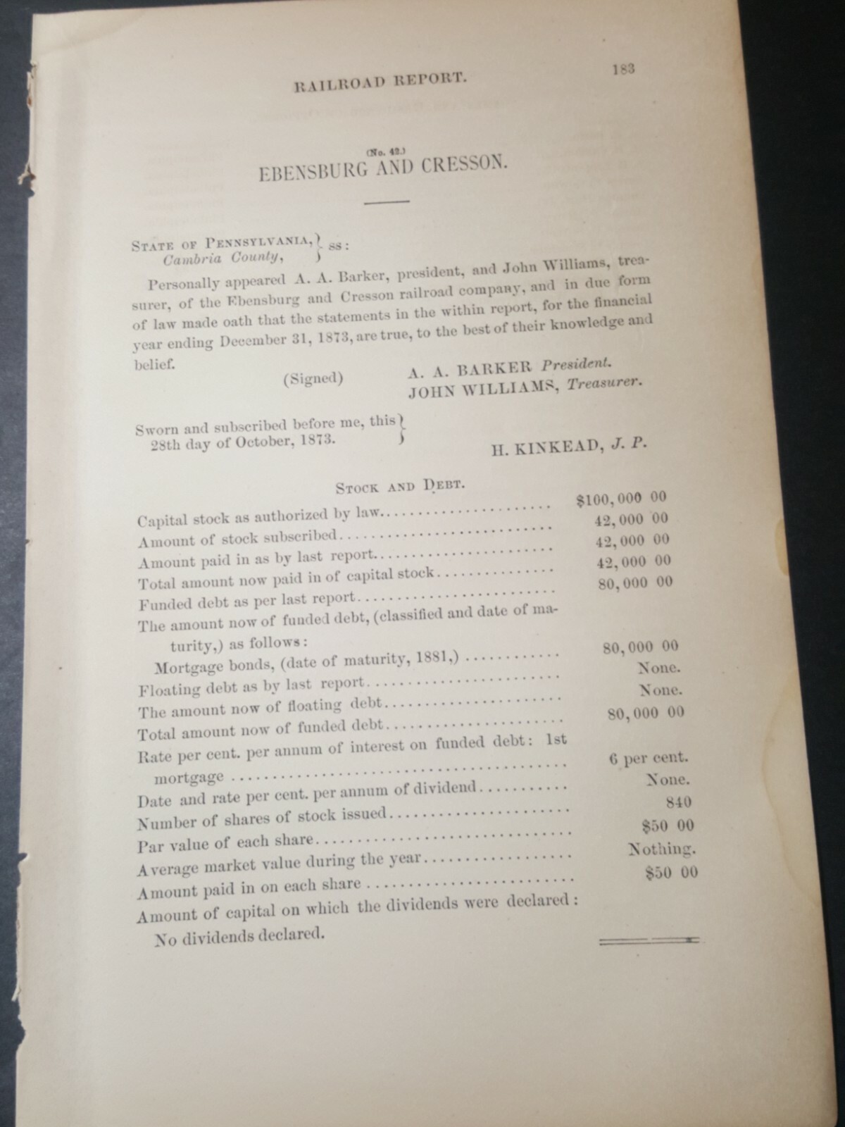 1874 train document EBENSBURG & CRESSON RAILROAD Cambria County Pennsylvania 