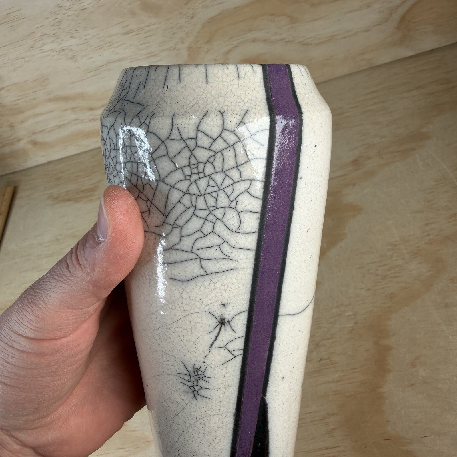 VTG Raku Ceramic Vase 9”  Tall Signed Leakins Crackled white purple