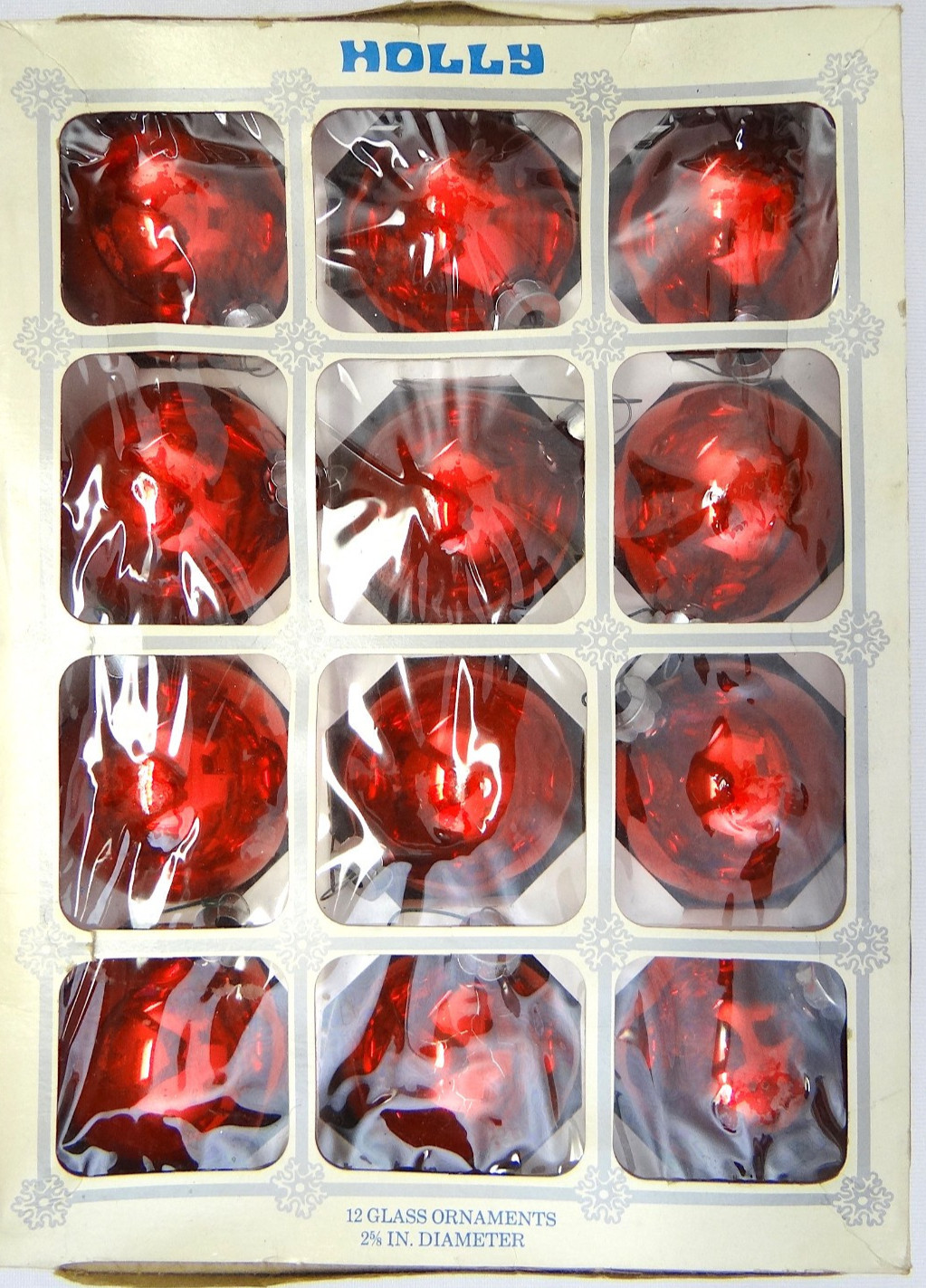 Vtg Box Larger Shiny Bright Red Glass Christmas Ornaments Holly 12pc 2-5/8\ Vtg Box Larger Shiny Bright Red Glass Christmas Ornaments Holly 12pc 2-5/8\