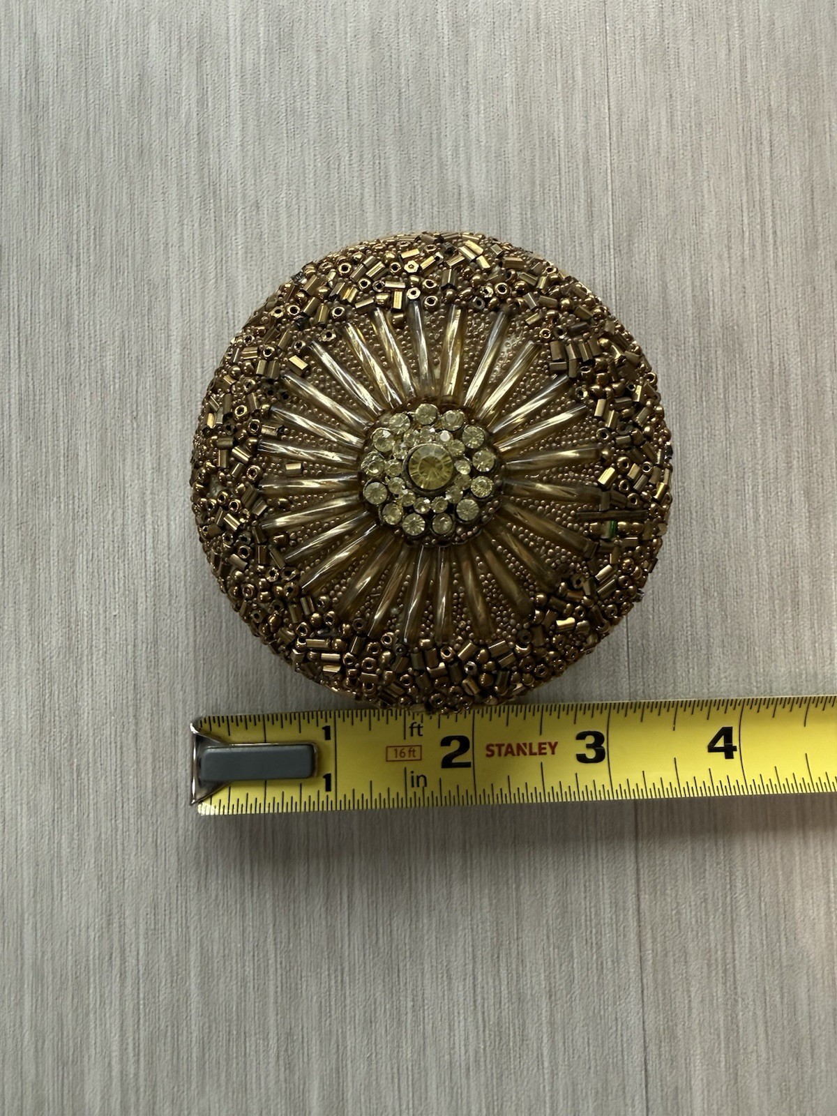 Vintage Gold Beaded Container Trinket Box Round