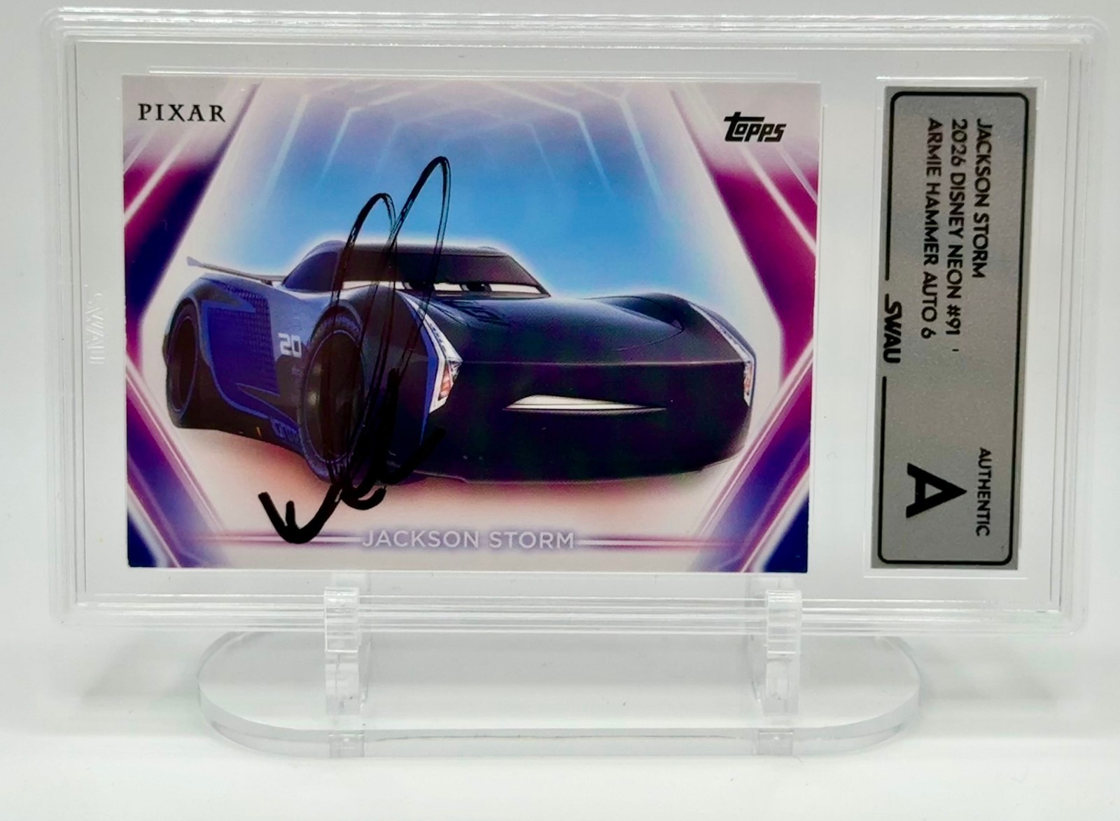 Topps Disney Pixar Neon Jackson Storm #91 signed by Armie Hammer SWAU Slab Cars