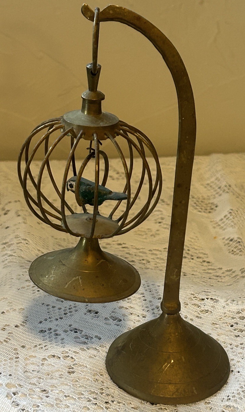 Super Rare Vintage 7 1/2” Vintage Small Brass Bird Cage Stand With Bird .