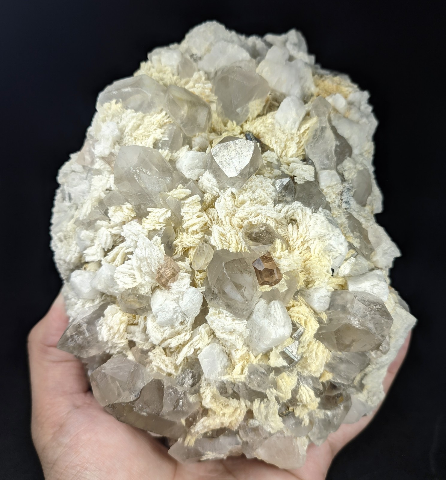Natural Peach Color Topaz Crystals with Smoky Qtz, Cleavelandite Mica & Albite. 