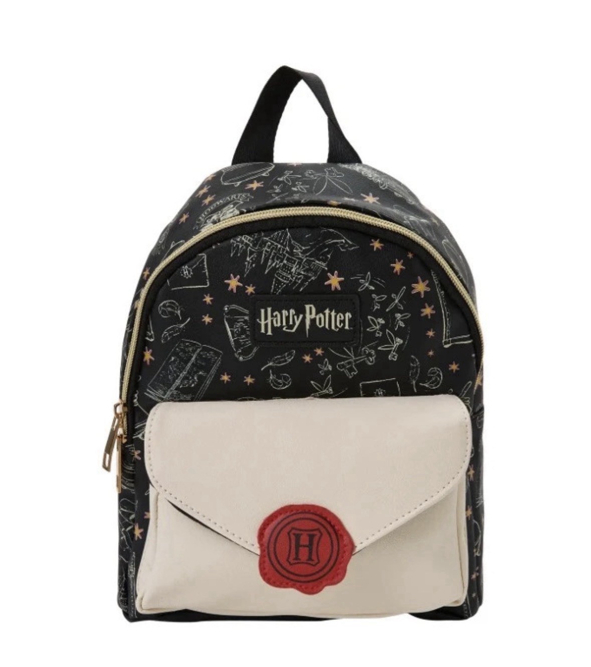 Harry Potter Mini Backpack Black & Cream Hogwarts H Seal Envelope Front Pocket