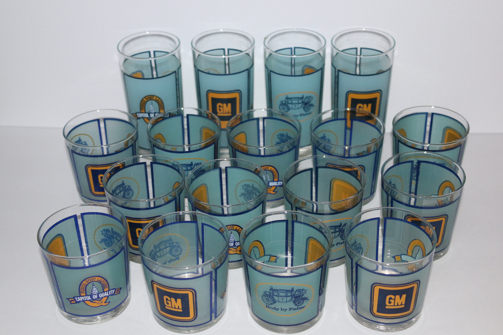 vintage GM General Motors car/auto employee issued (13) glass/tumbler set Fisher vintage GM General Motors car/auto employee issued (13) glass/tumbler set Fisher
