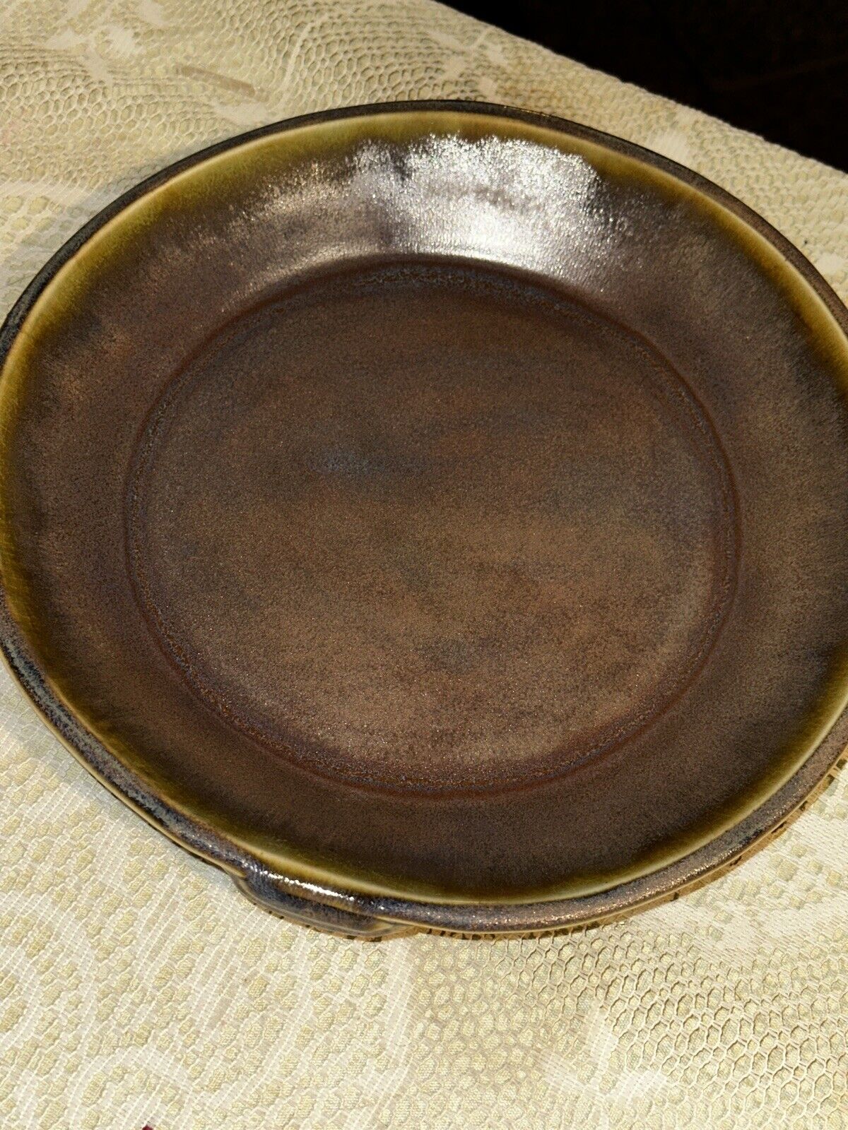 S Olson Art Pottery Glazed Pie Plate Stoneware Glazed HDM Nice 10.4”