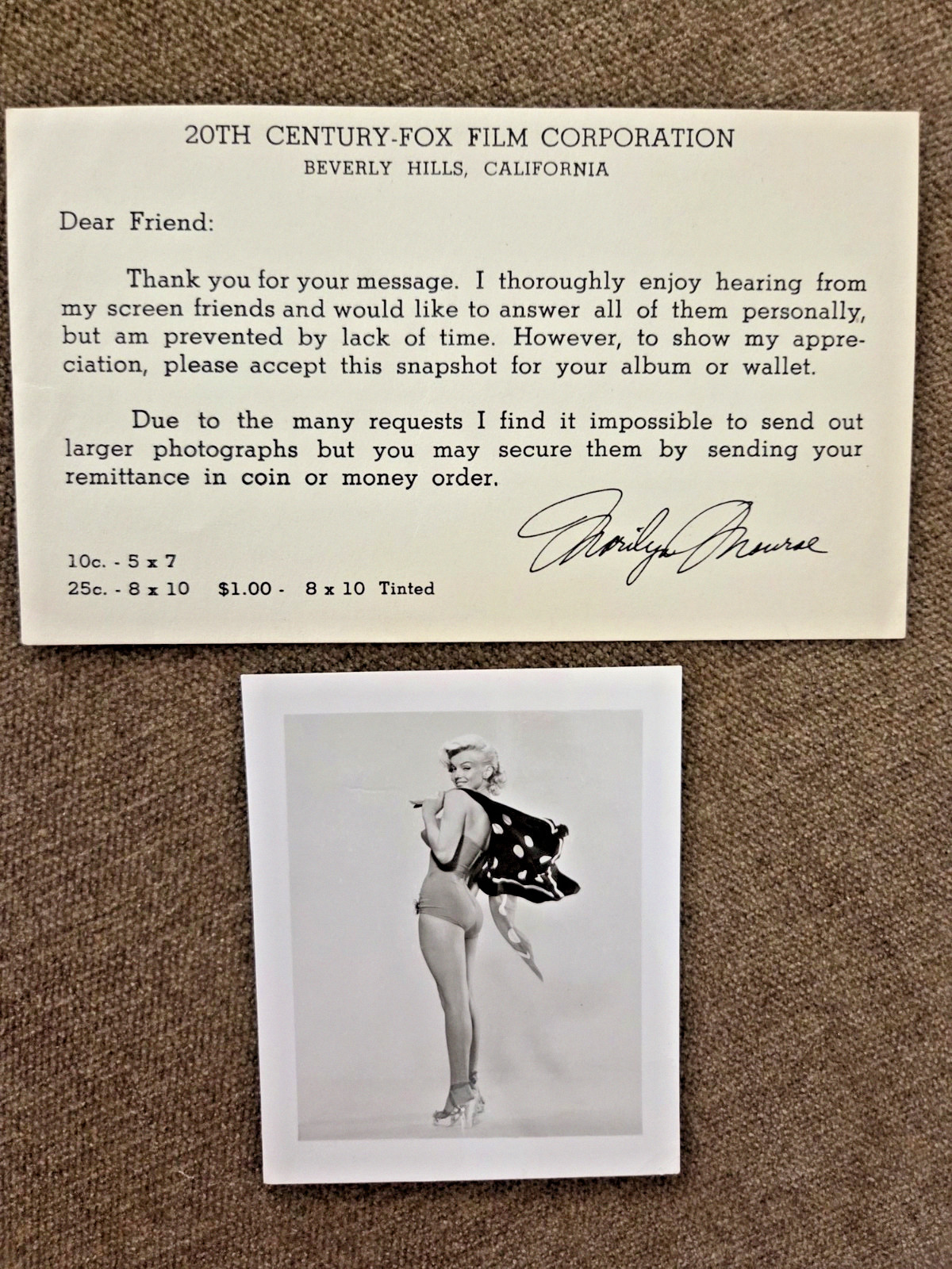 RARE Marilyn Monroe 20th Century Fox Fan Letter Signed + Publicity Photo Vintage RARE Marilyn Monroe 20th Century Fox Fan Letter Signed + Publicity Photo Vintage