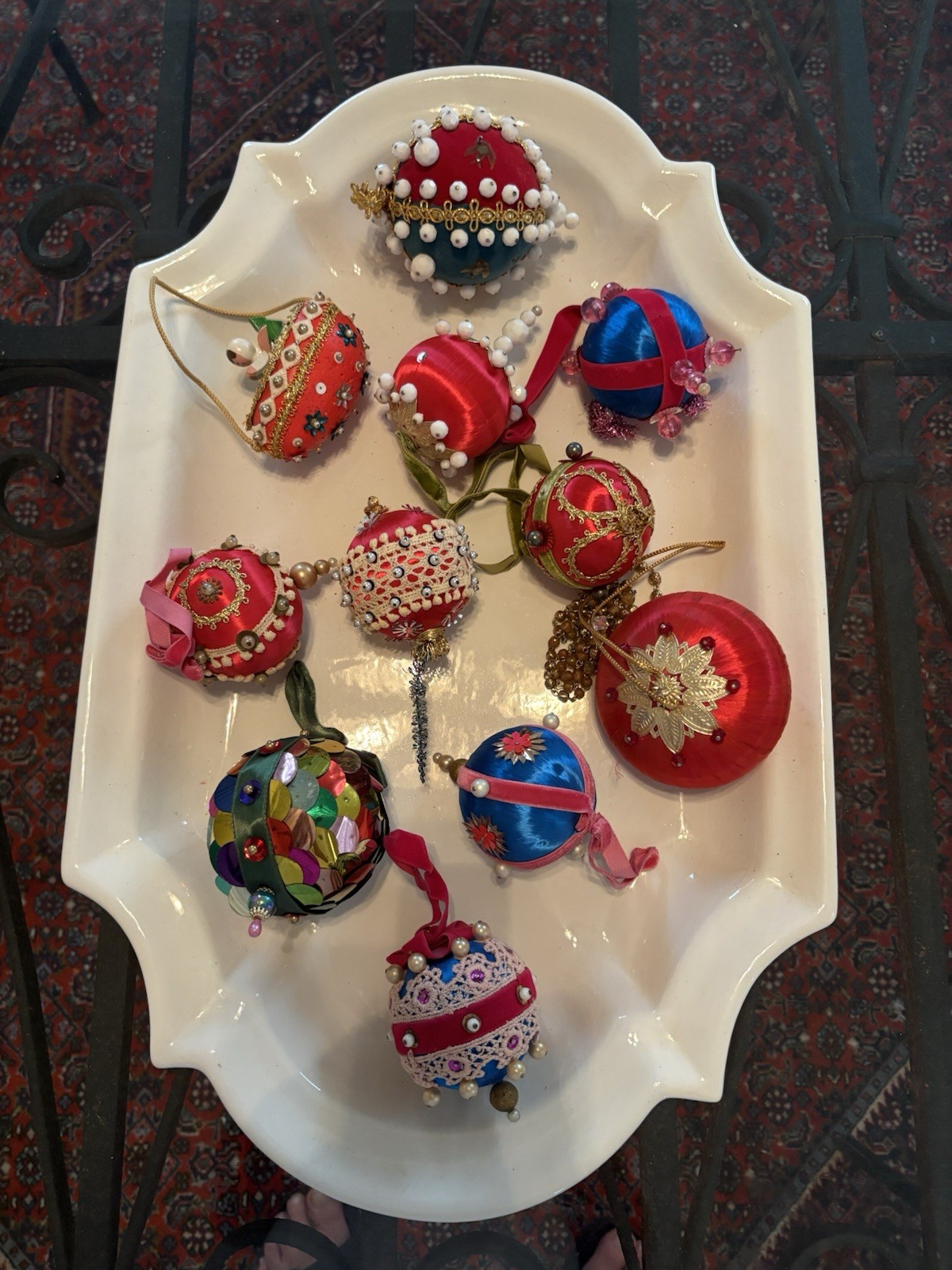 Lot Of 11 Vintage Beaded Sequin Christmas Tree Ornaments Push Pin Satin