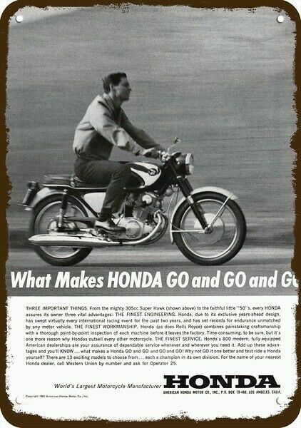 1963 HONDA SUPER HAWK 305cc MOTORCYCLE Vintge-Look DECORATIVE REPLICA METAL SIGN 1963 HONDA SUPER HAWK 305cc MOTORCYCLE Vintge-Look DECORATIVE REPLICA METAL SIGN
