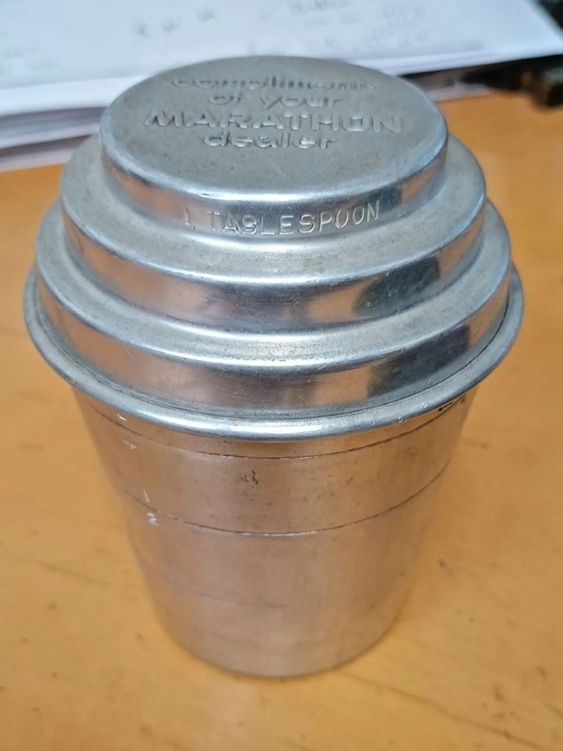 Vtg 1950's Aluminum Measuring Cup Shaker/ Compliments Of Your Marathon Dealer Vtg 1950's Aluminum Measuring Cup Shaker/ Compliments Of Your Marathon Dealer