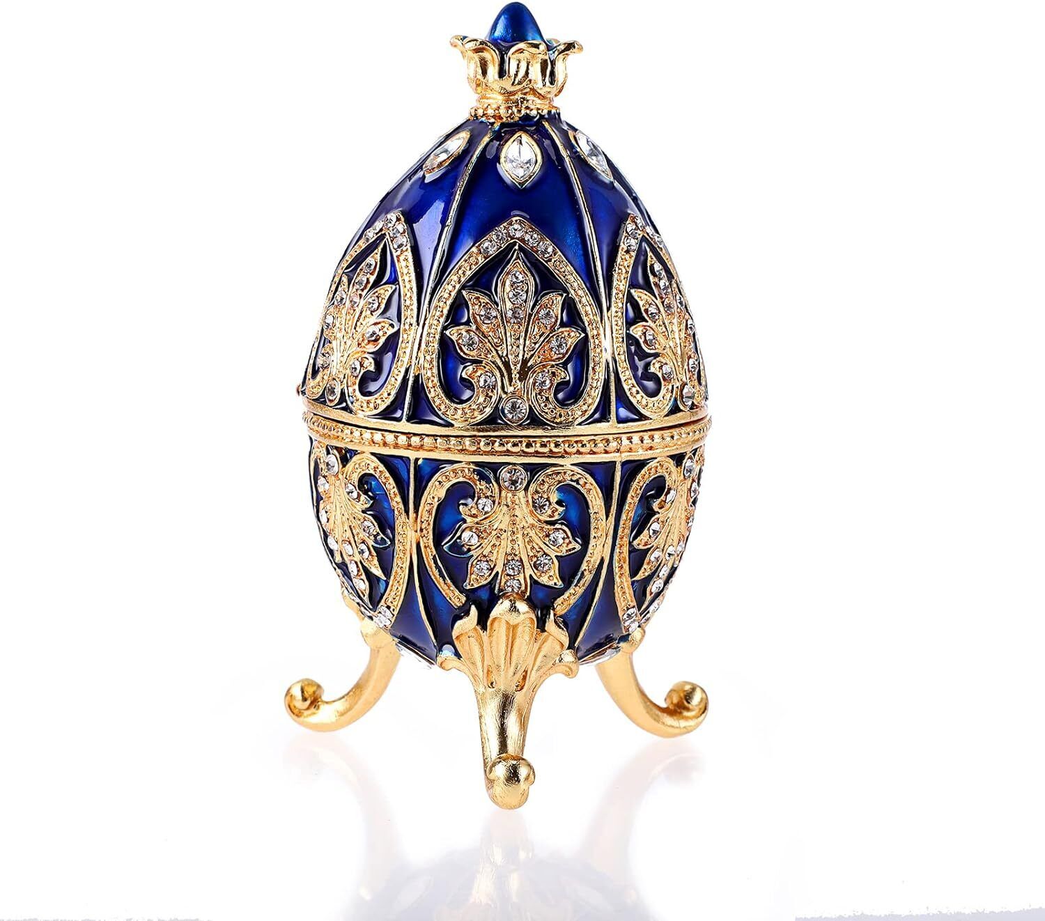 Bejeweled Blue Faberge Egg Hinged Metal Enameled Crystal Trinket box Classic