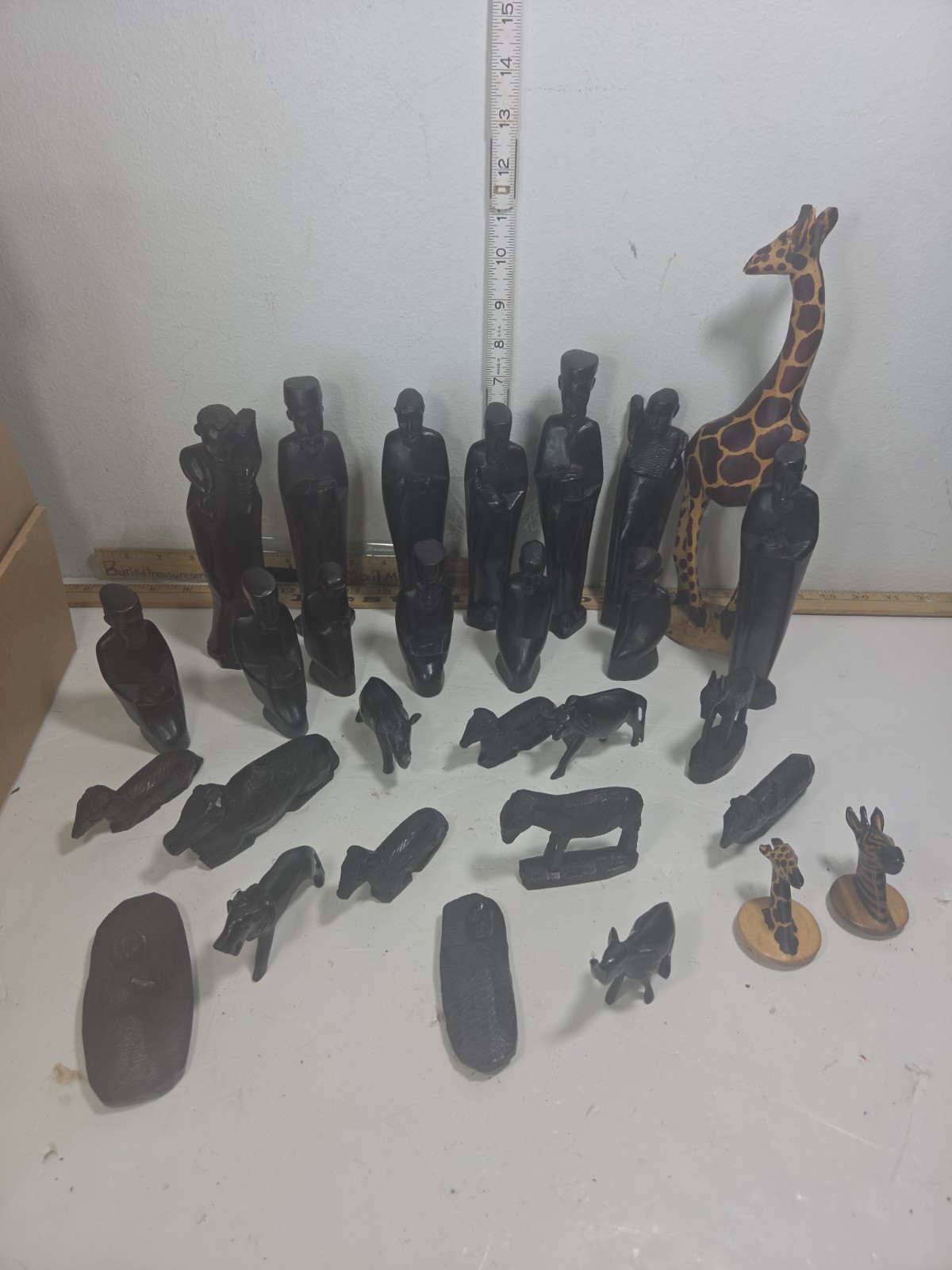 Vintage African Hand Carved Wooden Animals + People Lot Lion Rhino + More TD62D