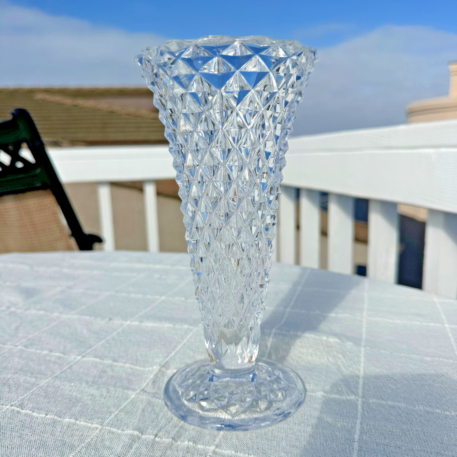 Vintage Pressed Glass Diamond Pattern Bud Vase Clear Footed Mid Century Gift
