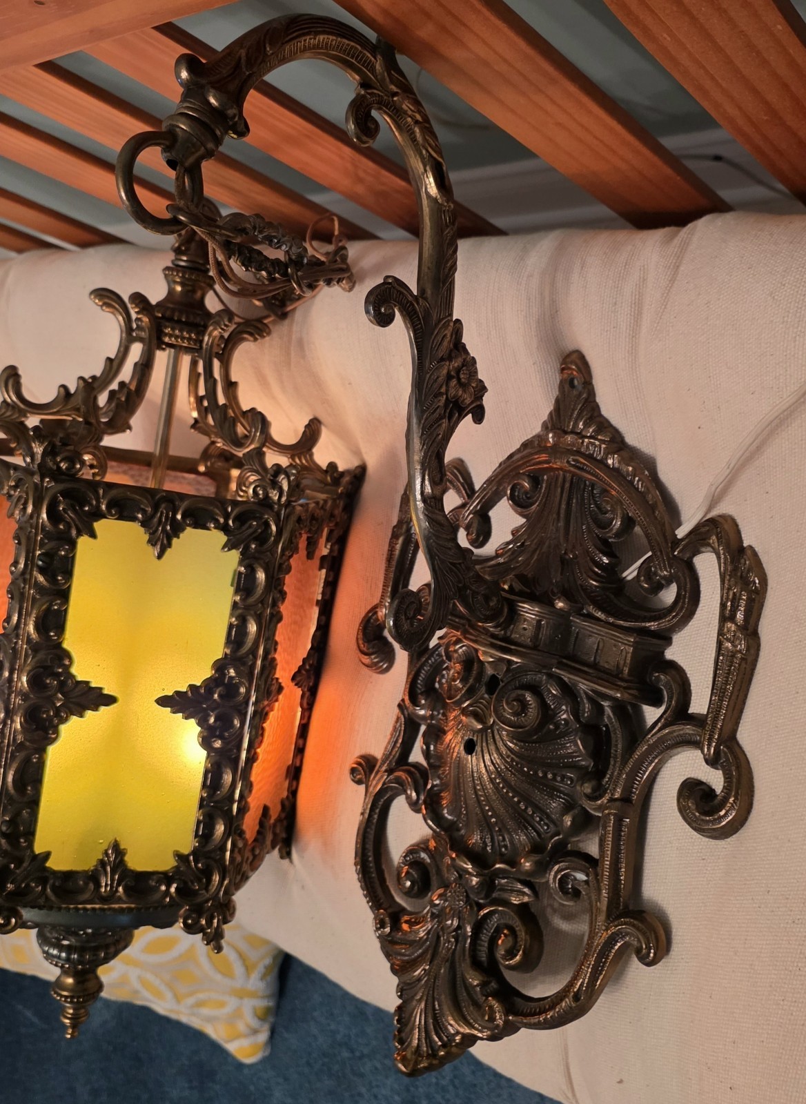 Spanish Gothic Revival Hollywood Regency Cast Metal Pendant Glass Hanging Lamp Spanish Gothic Revival Hollywood Regency Cast Metal Pendant Glass Hanging Lamp