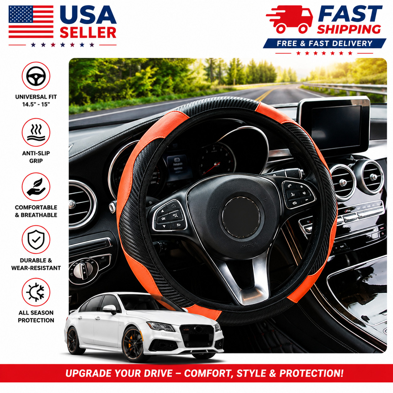 Universal Leather Car Steering Wheel Cover Anti-Slip Sport Grip Protector 15 USA