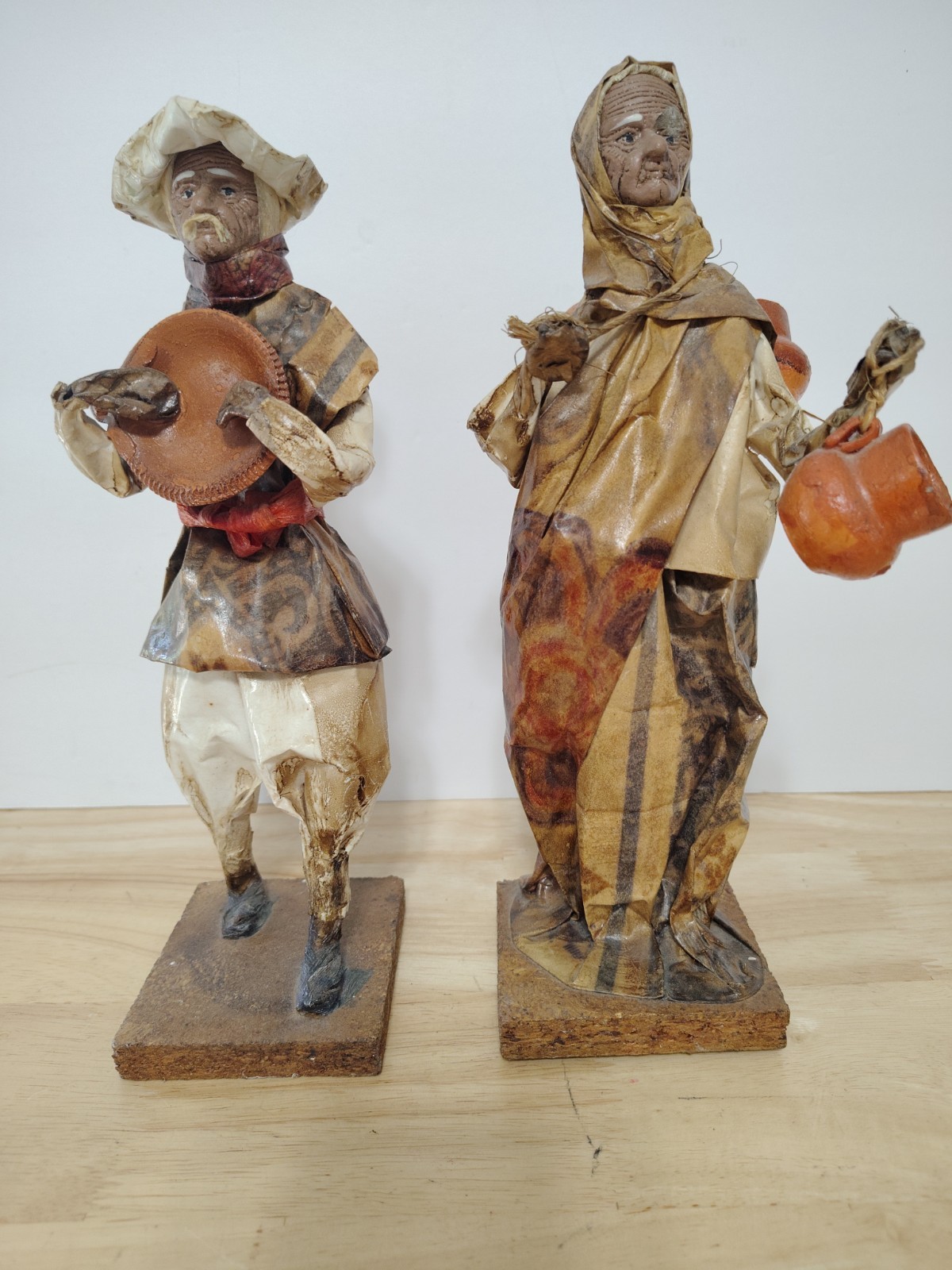 Vintage Mexican Paper Mache Folk Art Figures Old Man & Old Woman On Wood Base Vintage Mexican Paper Mache Folk Art Figures Old Man & Old Woman On Wood Base