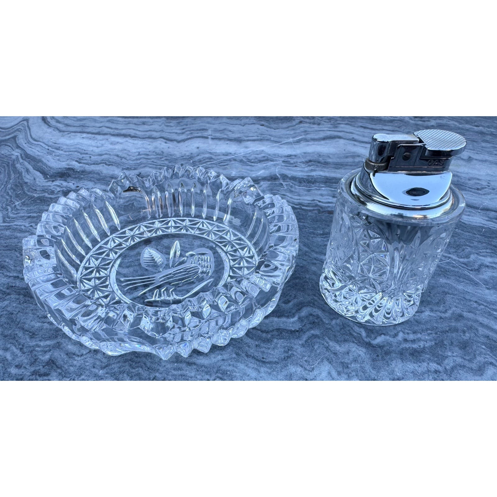 MINT Vintage Hofbauer Byrdes Crystal Ashtray & Table Lighter Set - West Germany