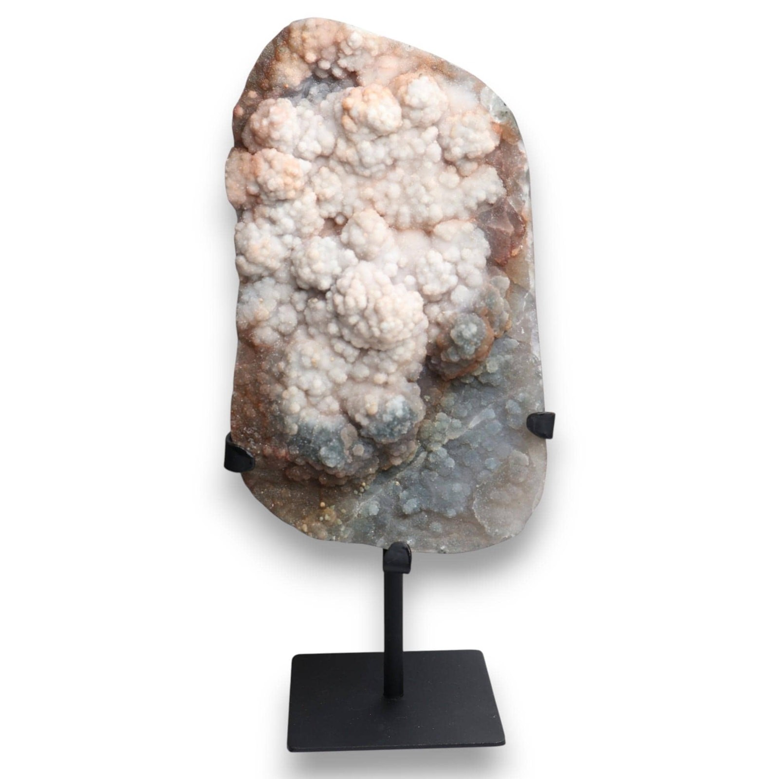 Semi Polished Druzy Botryoidal Grape Agate on Stand — Pink, Green, Grey and Red
