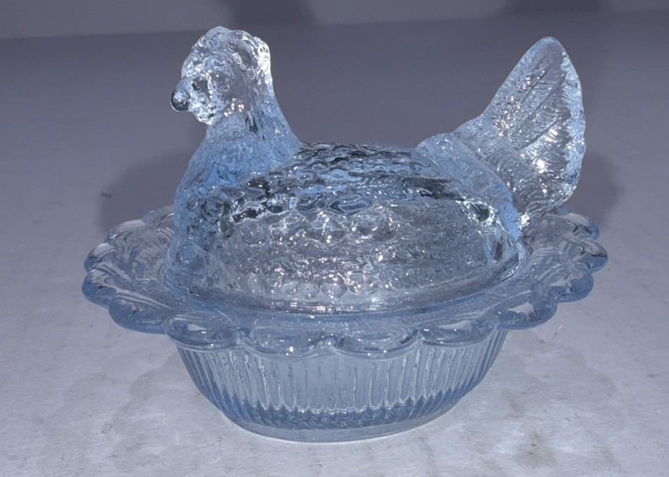 Vintage Mosser Willow Blue or Ice Light Blue 2.75” Mini Hen on Nest Salt Cellar