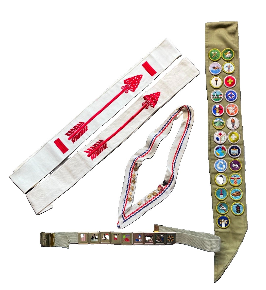 Vtg Boy Scout Sash With Merit Badges & Web Belt With Brass Loop Merit Awards