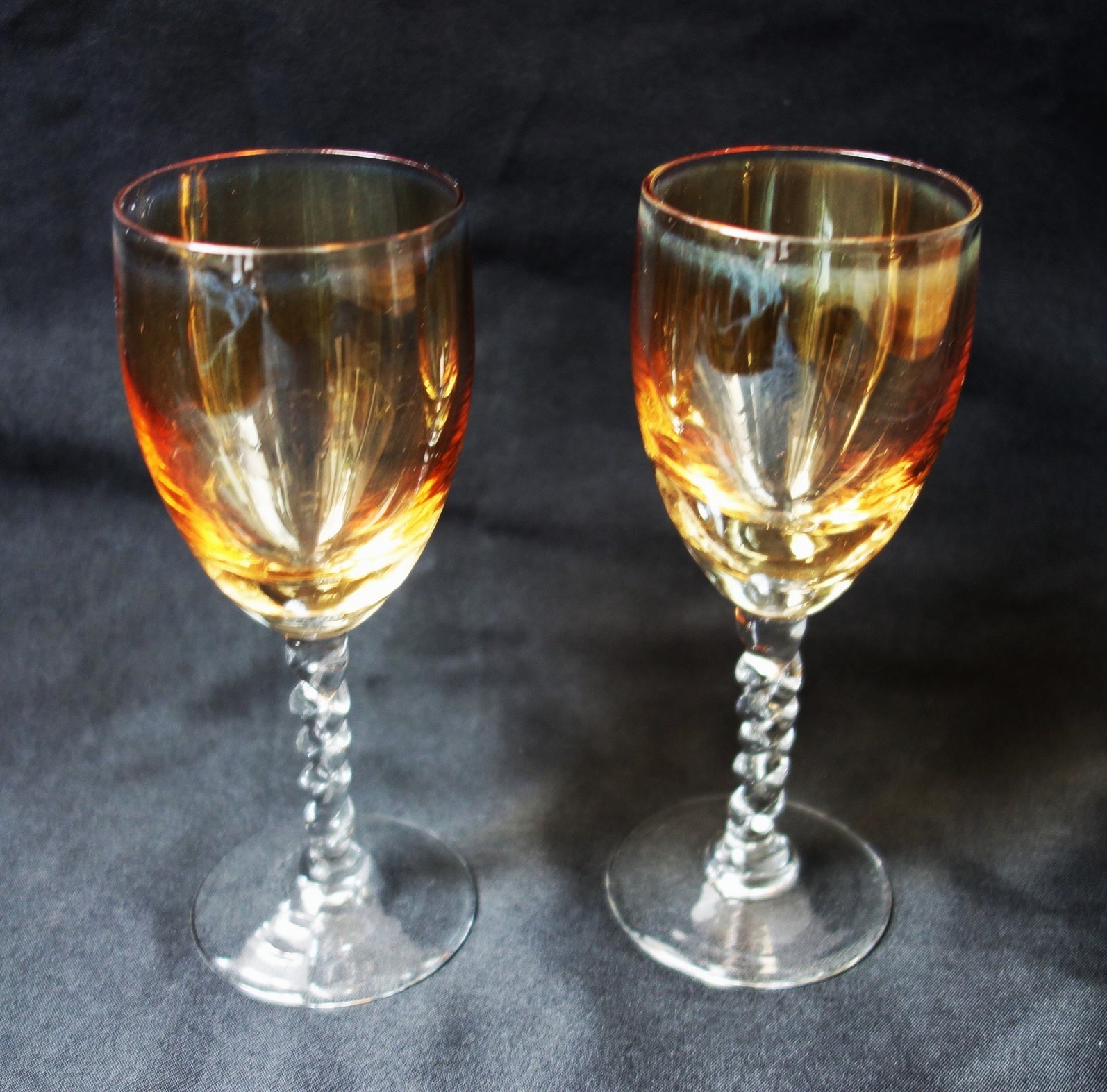 Pair Vintage Iridescent Amber Lustre Sherry Liqueur Glasses — Carnival Glass