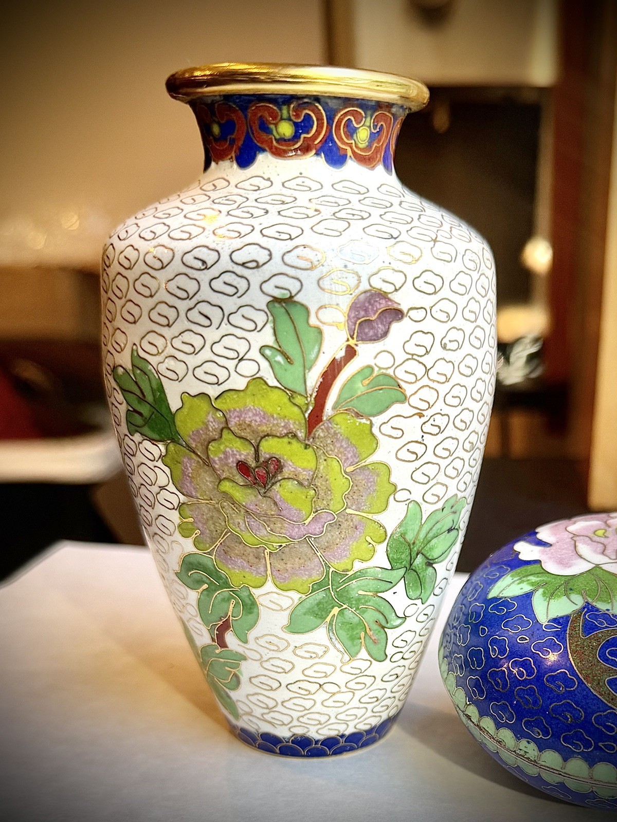 Vintage Chinese Cloisonne Vase White Peony Butterfly Gold Gilt Ruyi Cloud Enamel Vintage Chinese Cloisonne Vase White Peony Butterfly Gold Gilt Ruyi Cloud Enamel