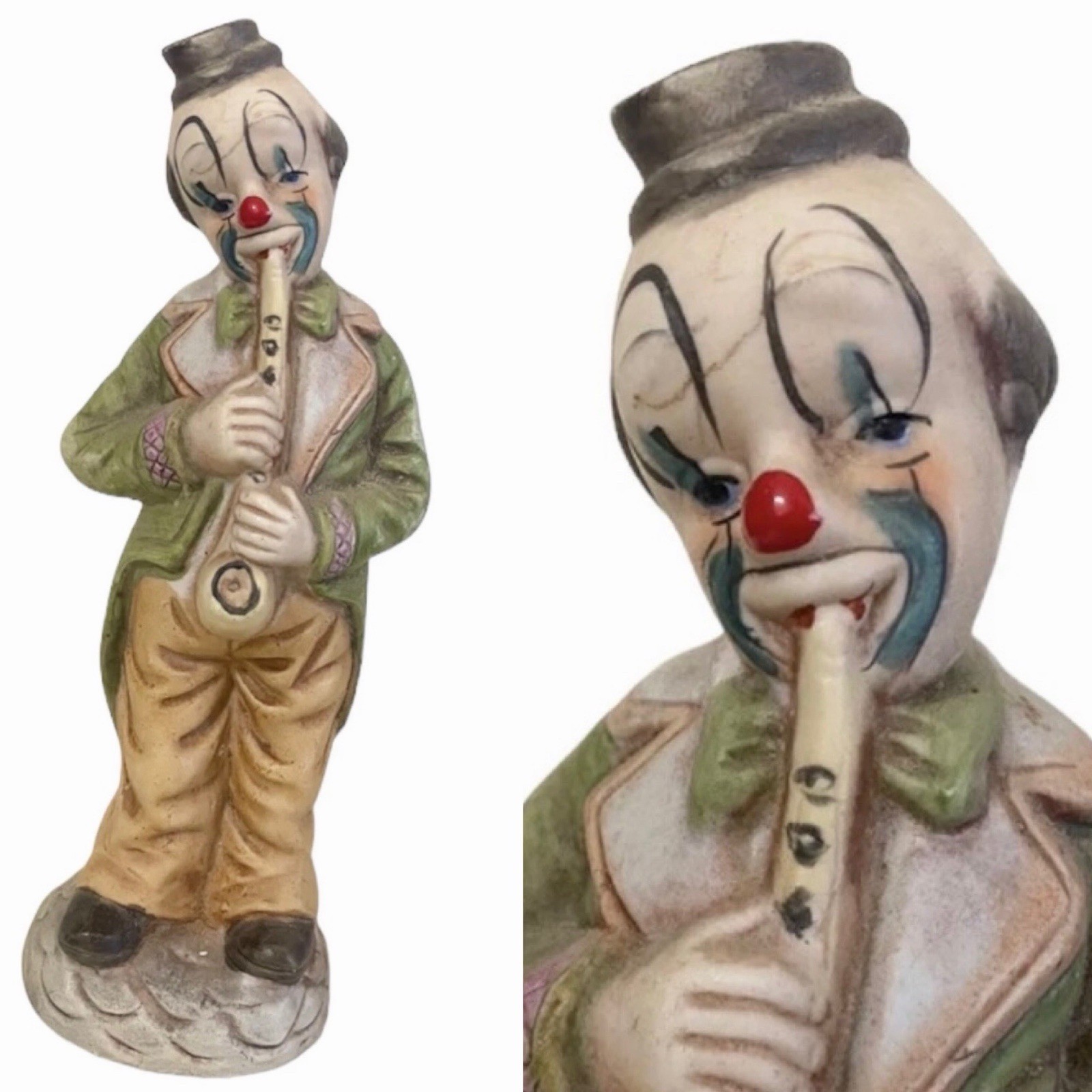 Vtg Hobo Clown Man Playing Saxophone Green Coat Figurine Sculpture Circus