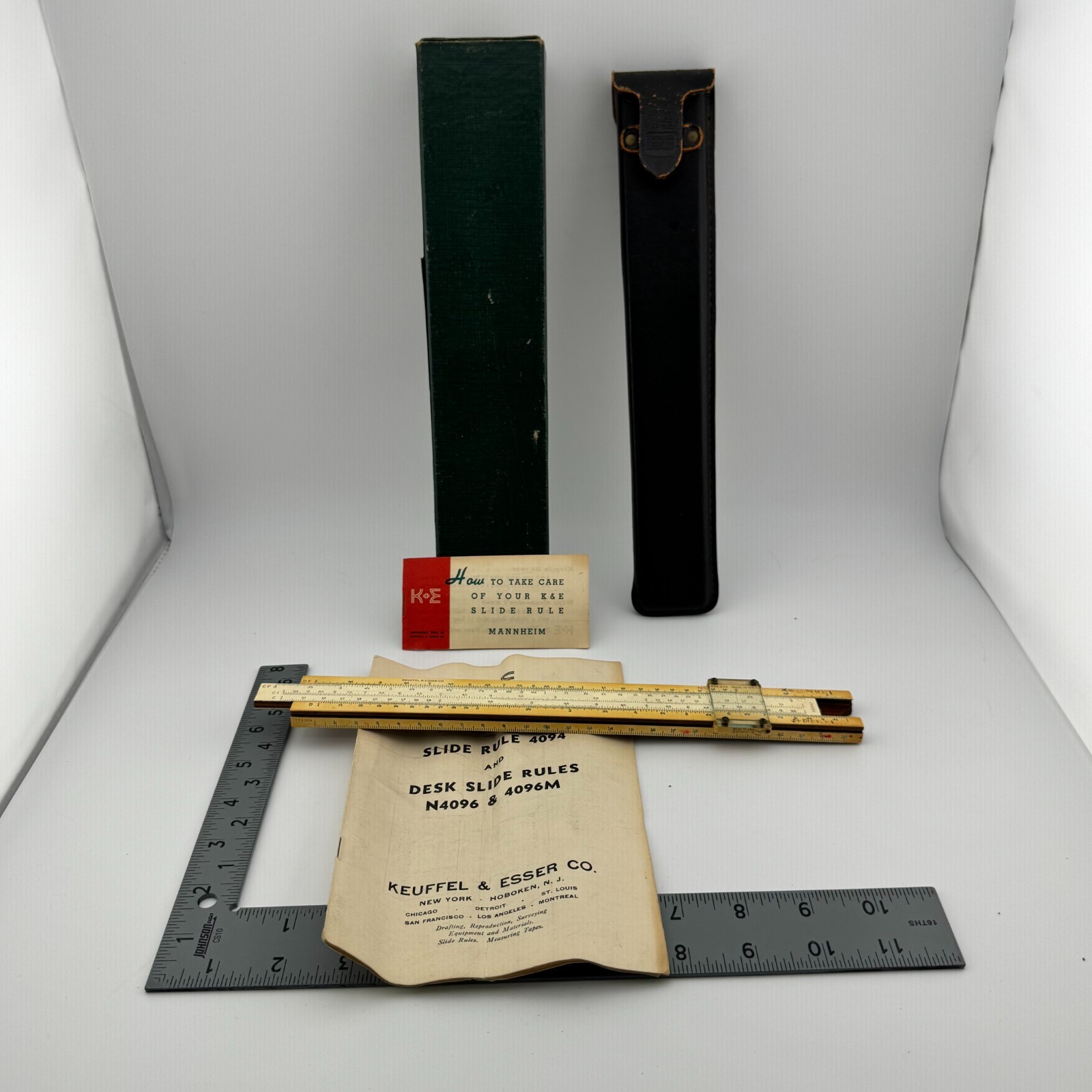 Vintage K&E Keuffel & Esser 4094 Merchants Slide Rule Case Box Manuals