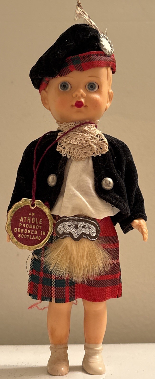 Vintage Scottish Doll Tartan Kilt Sporran Fur Tam Feather Lace Jabot Sleepy Eyes
