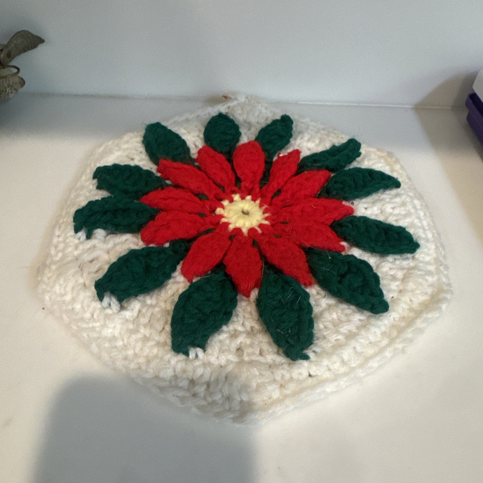 Vtg 3D Poinsettia Crochet Pot Holder Handmade Christmas Floral Hot Pad Granny