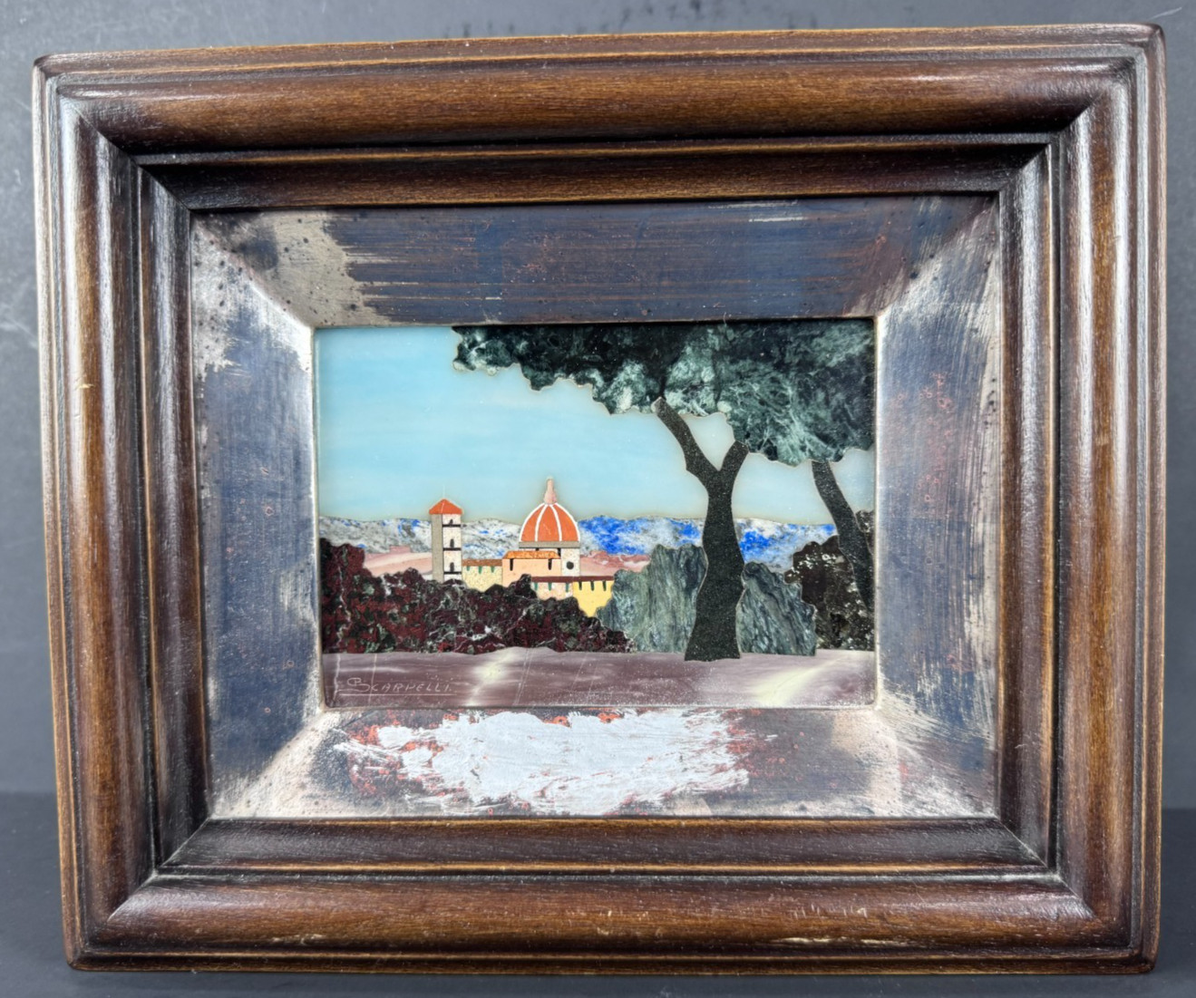VTG Signed Renzo Scarpelli Pietra Dura Framed Italian Mosaic Gemstone Landscape VTG Signed Renzo Scarpelli Pietra Dura Framed Italian Mosaic Gemstone Landscape