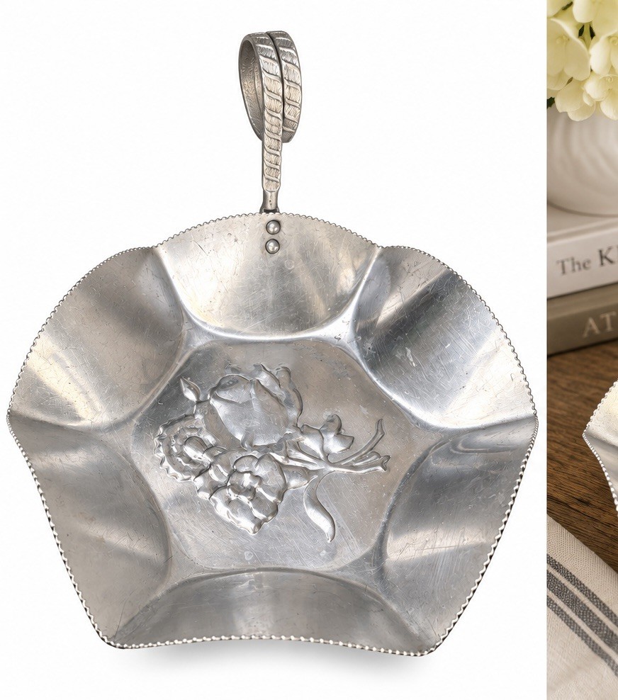 Vintage NASCO Italy Aluminum Rose Serving Dish 7.5” Floral Leaf Handle MCM