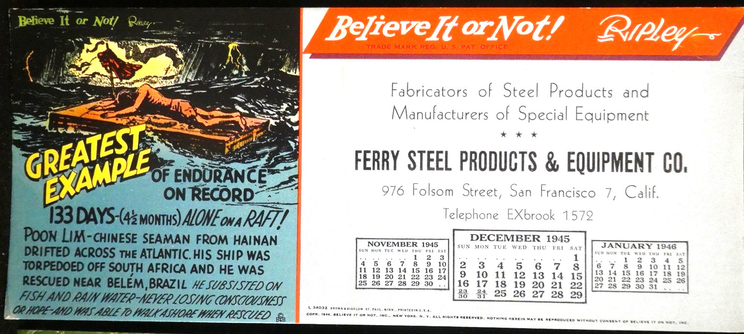 Other: Blotter Ripley's Believe it or Not Greatest Example Nov, Dec 1944, Jan 45 Other: Blotter Ripley's Believe it or Not Greatest Example Nov, Dec 1944, Jan 45