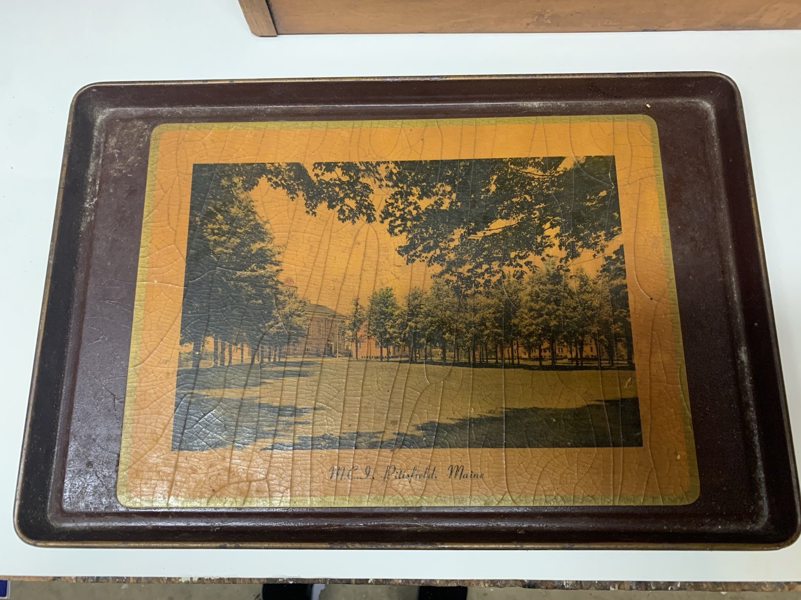 Vintage antique metal serving tin/tray. Maine Central institute Pittsfield Me