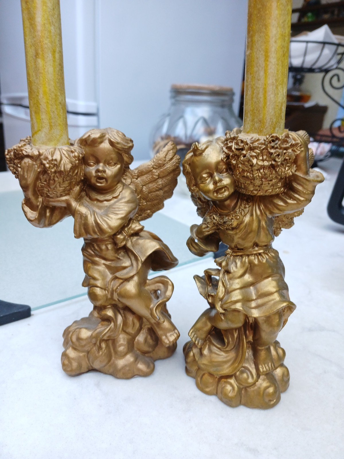 Pair Of Vintage Hollywood Regency Style Cherubs -putti Candle Holders Gold Resin