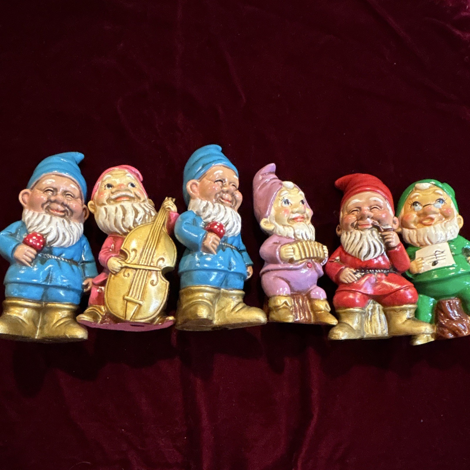 Vtg Dickson Japan Musical Gnomes Elves Figurines Set 7 Papier Mache Reclining 