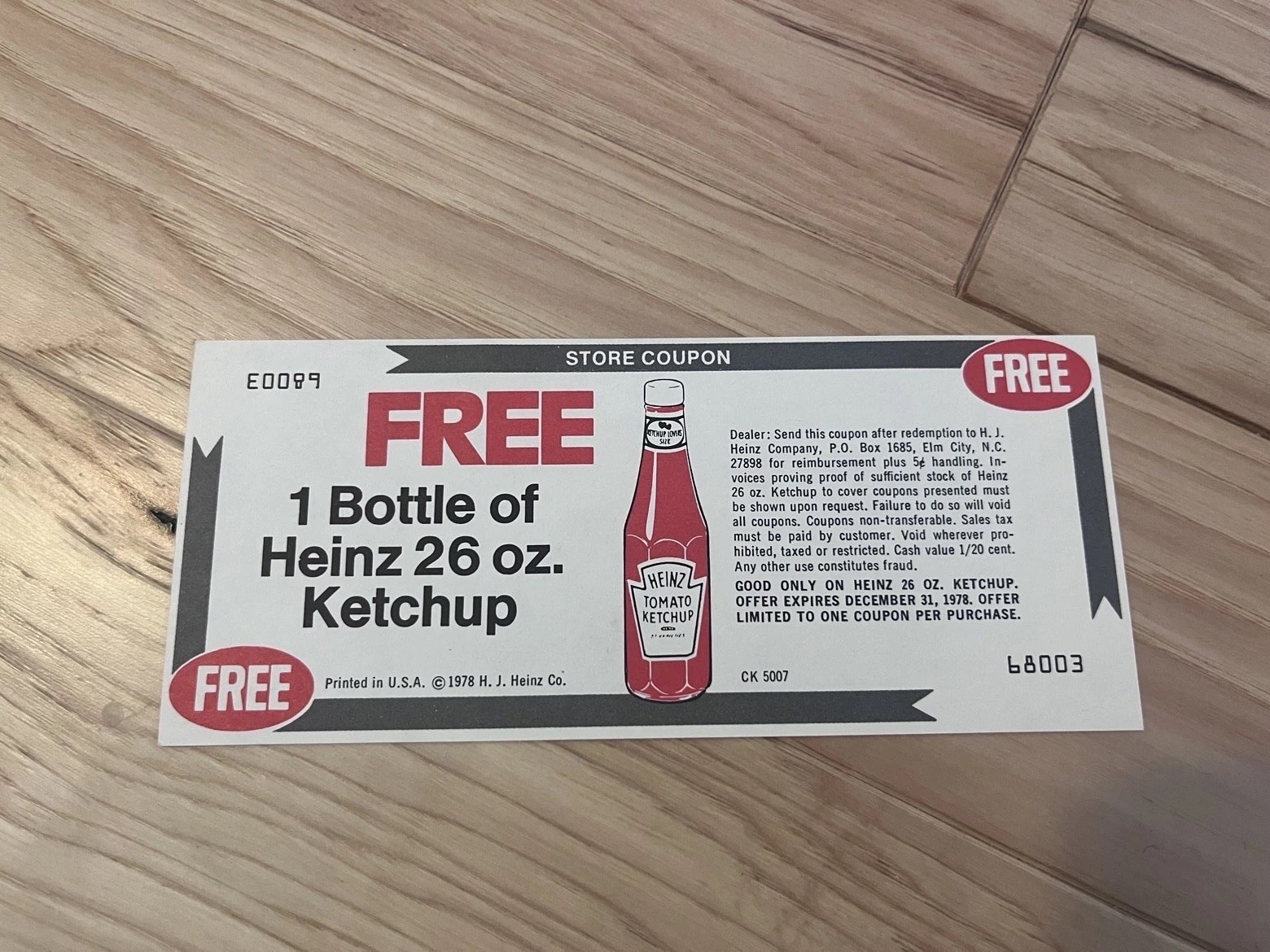 Vintage 1978 Heinz FREE Ketchup Coupon 26oz Bottle Exp Dec 1978