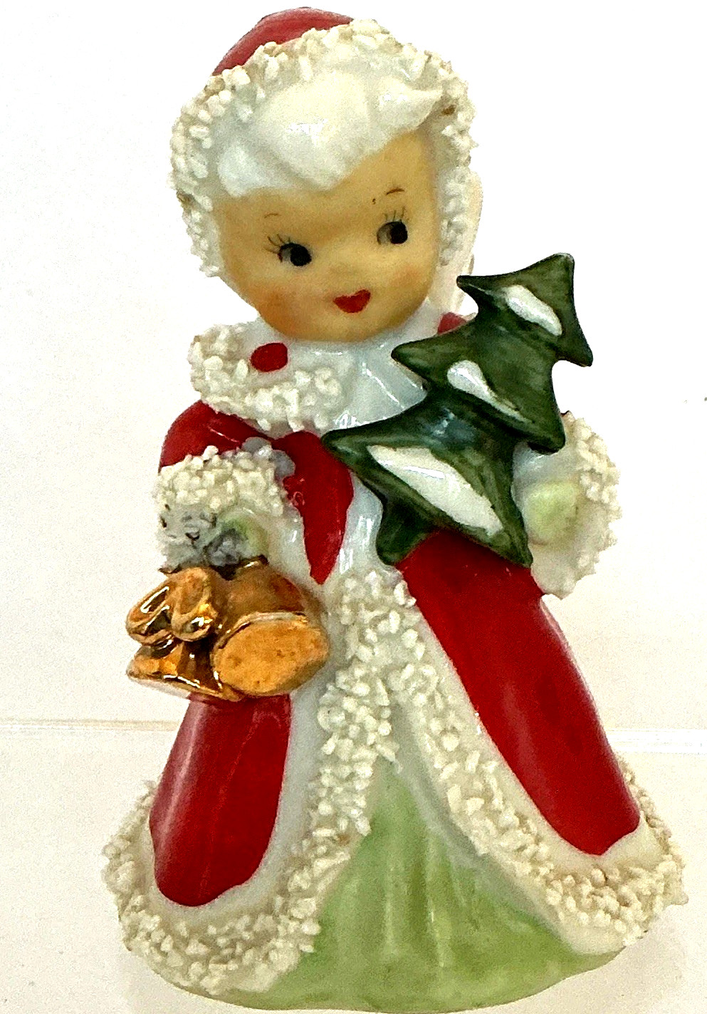 Vintage Christmas Angel Girl Figurine Red Coat Holding Tree & Gold Bells 4\ Vintage Christmas Angel Girl Figurine Red Coat Holding Tree & Gold Bells 4\