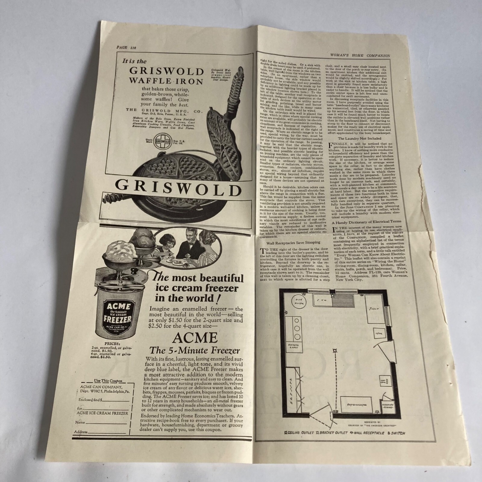 Antique 1924 Griswold Waffle Iron Newspaper Advertisement Ad Vintage Antique 1924 Griswold Waffle Iron Newspaper Advertisement Ad Vintage