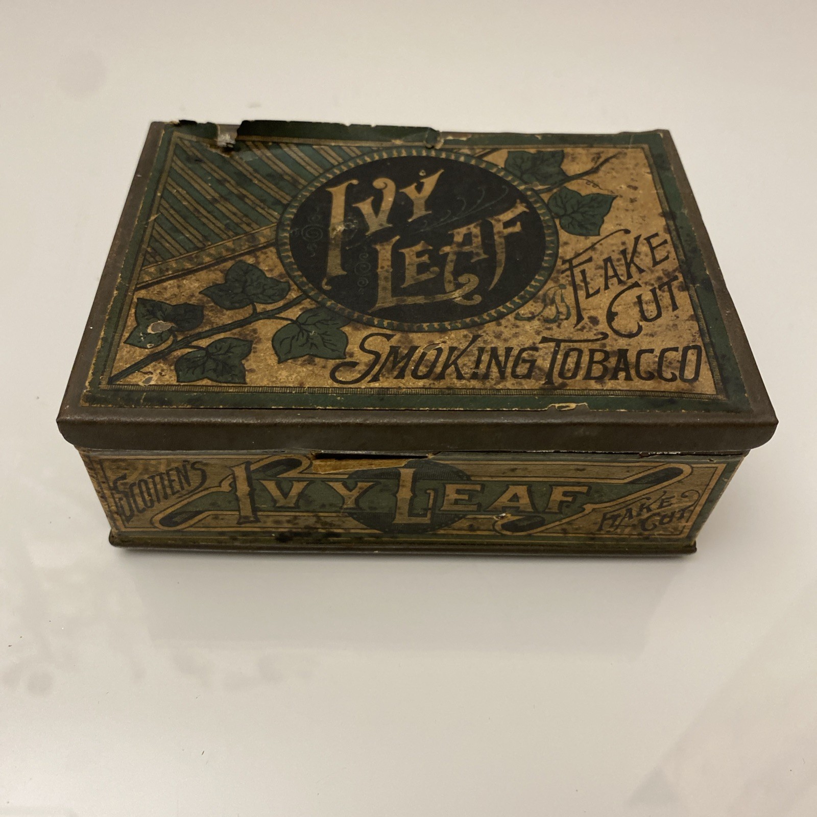 Antique c1890s Scotten’s Ivy Leaf Flake Cut Tobacco Tin Detroit Michigan