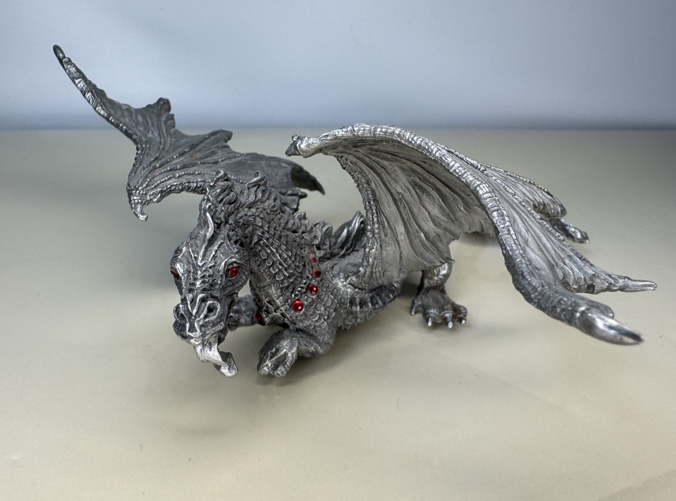 Vintage 1988 Rawcliffe Pewter Dragon Red Crystal Sculpture Signed P. Davis
