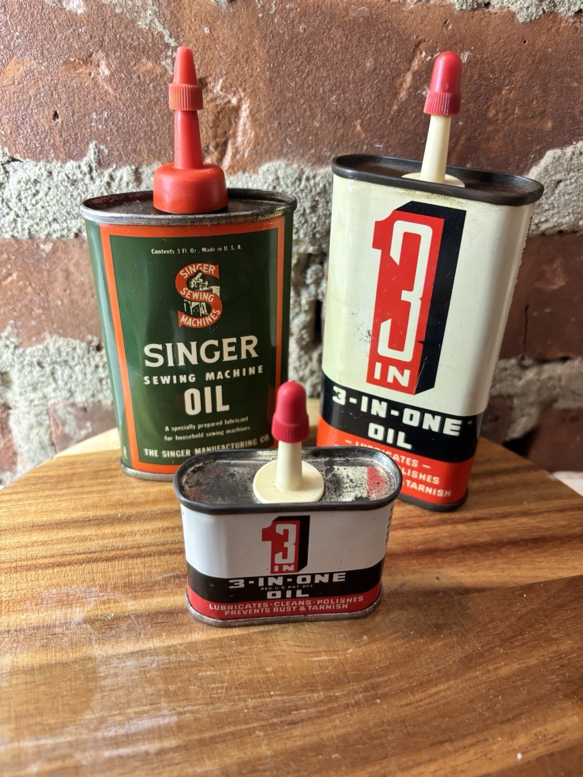 Vintage 3-Oil Cans  3-IN-ONE 3oz & 1oz. And Singer 3oz.