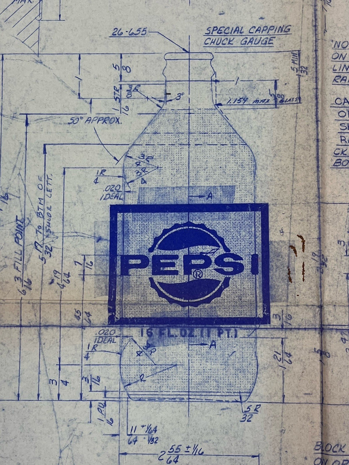 1970 Pepsi 16oz Bottle Vintage Factory Blueprint Copy Owens-Illinois BB-3368